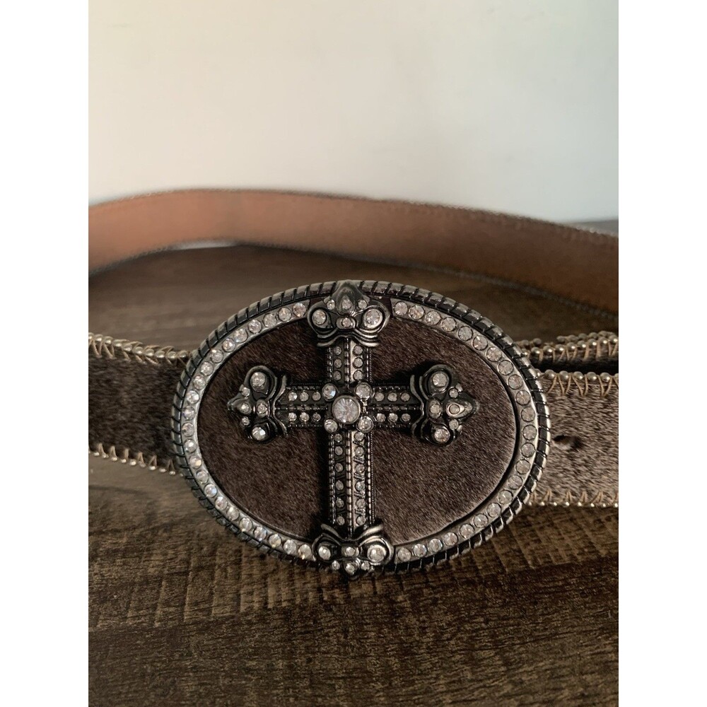 Western Cowhide Leather Belt Rhinestone Cross Buckle Brown Sz Large